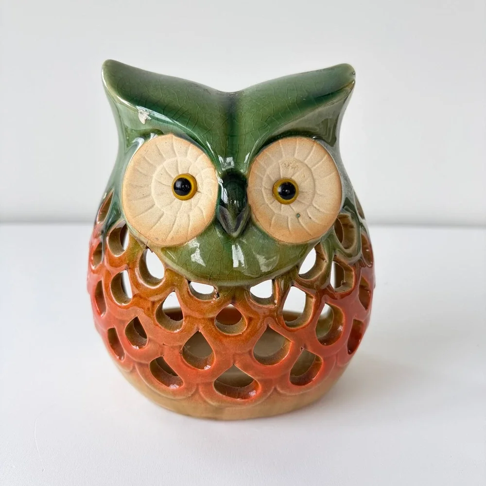 Vintage Ceramic Owl Tea Light Candle Holder Pair Mid Century Retro Boho Decor